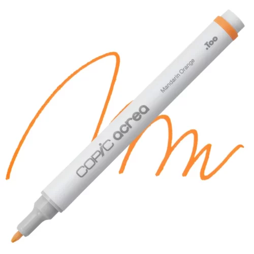 mandarin orange Copic Acrea Paint Marker is sitting diagonally across the image. the tip is facing the left hand side . it has a white body and a silver end with a white tip. it is sitting over a squiggle of the same colour on a white background