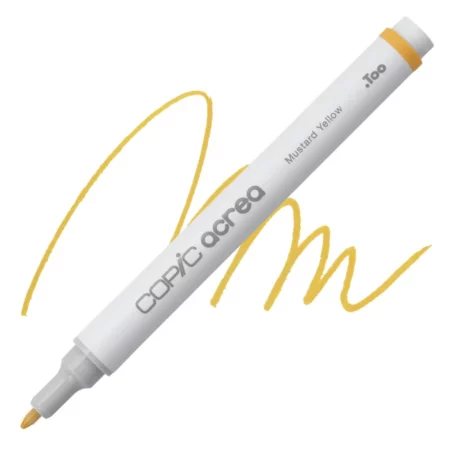 mustard yellow Copic Acrea Paint Marker is sitting diagonally across the image. the tip is facing the left hand side . it has a white body and a silver end with a white tip. it is sitting over a squiggle of the same colour on a white background