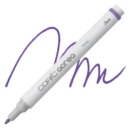 pansy Copic Acrea Paint Marker is sitting diagonally across the image. the tip is facing the left hand side . it has a white body and a silver end with a white tip. it is sitting over a squiggle of the same colour on a white background