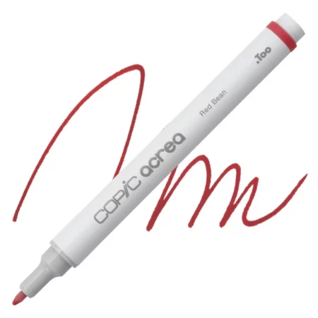 red bean Copic Acrea Paint Marker is sitting diagonally across the image. the tip is facing the left hand side . it has a white body and a silver end with a white tip. it is sitting over a squiggle of the same colour on a white background