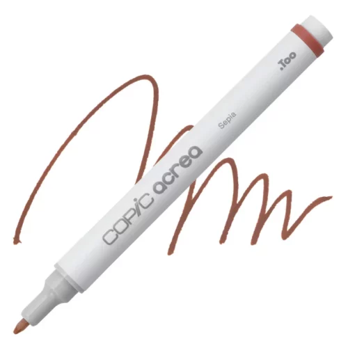 sepia Copic Acrea Paint Marker is sitting diagonally across the image. the tip is facing the left hand side . it has a white body and a silver end with a white tip. it is sitting over a squiggle of the same colour on a white background