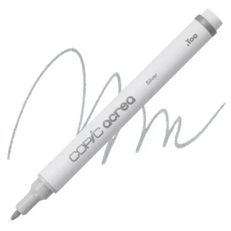 silver Copic Acrea Paint Marker is sitting diagonally across the image. the tip is facing the left hand side . it has a white body and a silver end with a white tip. it is sitting over a squiggle of the same colour on a white background