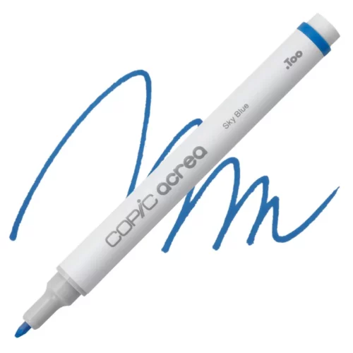 sky blue Copic Acrea Paint Marker is sitting diagonally across the image. the tip is facing the left hand side . it has a white body and a silver end with a white tip. it is sitting over a squiggle of the same colour on a white background