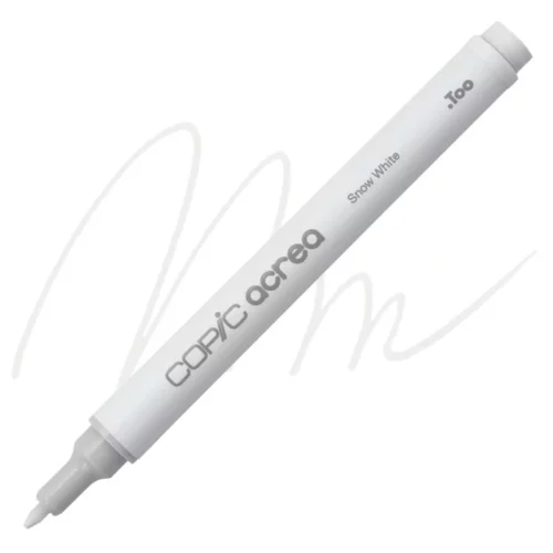 snow white Copic Acrea Paint Marker is sitting diagonally across the image. the tip is facing the left hand side . it has a white body and a silver end with a white tip. it is sitting over a squiggle of the same colour on a white background