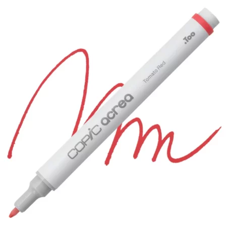 tomato red Copic Acrea Paint Marker is sitting diagonally across the image. the tip is facing the left hand side . it has a white body and a silver end with a white tip. it is sitting over a squiggle of the same colour on a white background