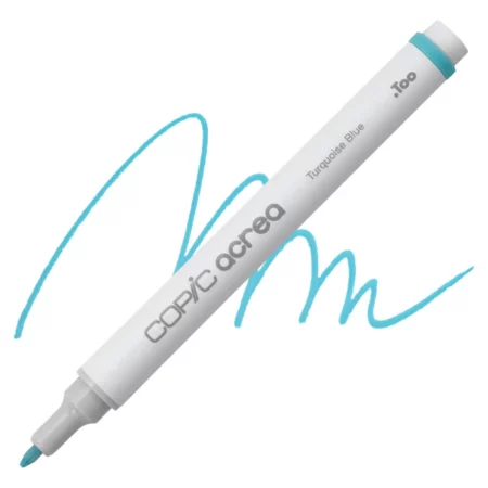 turquoise blue Copic Acrea Paint Marker is sitting diagonally across the image. the tip is facing the left hand side . it has a white body and a silver end with a white tip. it is sitting over a squiggle of the same colour on a white background