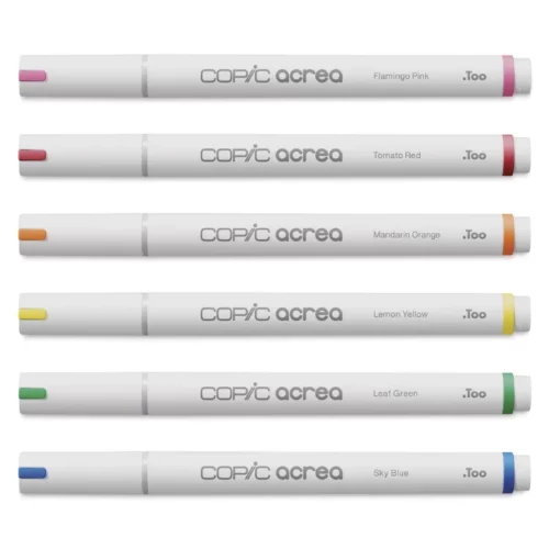 The loose markers from the Copic Acrea Paint Marker Set Vivid are shown laying horizontally in the center of the frame. The markers are white with a coloured band on the lid and at the base of each marker that denotes the colour of the marker. The Copic logo is printed on the barrel of each marker with the marker colour. They are stacked one below the other and there are 6 markers. On a white background.