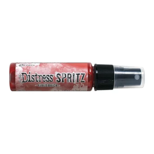 A single bottle of Fired Brick Tim Holtz Distress Spritz is shown laying horizontally in the center of the frame. The bottle is a clear plastic with a black plastic spray top and a clear plastic lid. There is a coloured label around the body of the bottle that indicates the colour of the ink. The Distress Logo and product details are printed on the label. The image is center of the frame and on a white background.