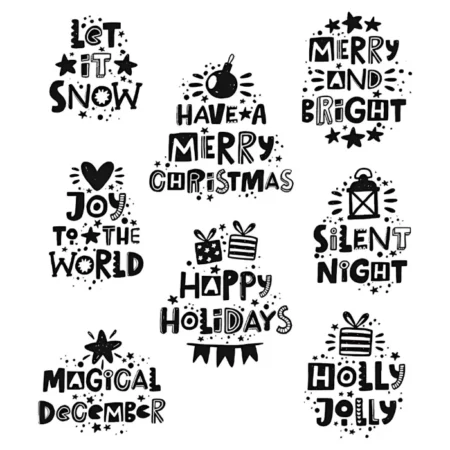 A print out of the front of the Holiday Whatnots Tim Holtz Stamp Set is shown in the center of the frame on a white background. There are large numbers printed on the stamp set in black