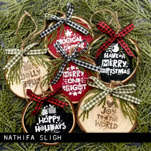 The image shows a craft project that was made using the Holiday Whatnots Tim Holtz Stamp Set.