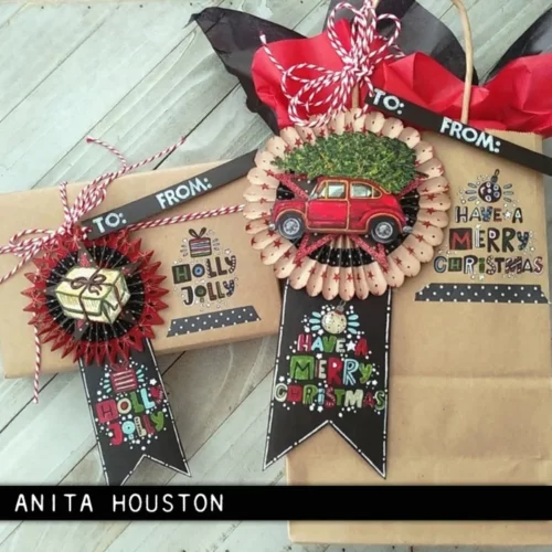 The image shows a craft project that was made using the Holiday Whatnots Tim Holtz Stamp Set.