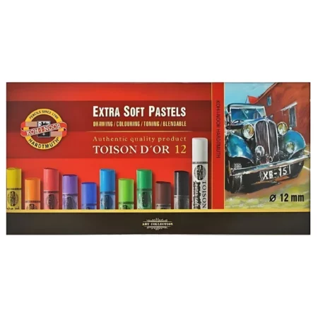 A single Set of 12 Koh-I-Noor Toison D'or Artist Extra Soft Pastels is shown in the frame. The box is rectangular in shape and sits across the center of the frame horizontally. The box is red in colour and has the Koh-i-noor logo printed on it. It has a picture of some soft pastels on the cover and a picture of a car that was drawn using the pastels. The image is center of the frame and on a white background.