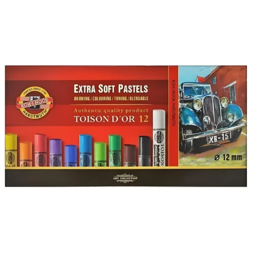 A single Set of 12 Koh-I-Noor Toison D'or Artist Extra Soft Pastels is shown in the frame. The box is rectangular in shape and sits across the center of the frame horizontally. The box is red in colour and has the Koh-i-noor logo printed on it. It has a picture of some soft pastels on the cover and a picture of a car that was drawn using the pastels. The image is center of the frame and on a white background.