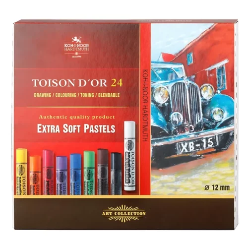 A single Set of 24 Koh-I-Noor Toison D'or Artist Extra Soft Pastels is shown in the frame. The box is square in shape and sits in the center of the frame. The box is red in colour and has the Koh-i-noor logo printed on it. It has a picture of some soft pastels on the cover and a picture of a car that was drawn using the pastels. The image is center of the frame and on a white background.