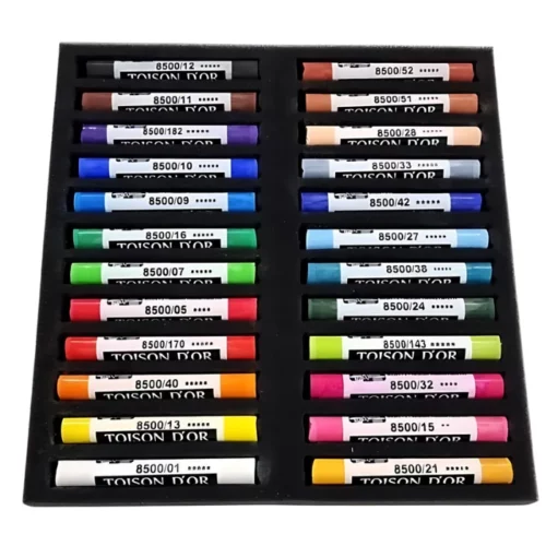 A single Set of 24 Koh-I-Noor Toison D'or Artist Extra Soft Pastels is shown in the frame. This shows the bottom of the set only, the tray that houses the pastels. The pastels are lined up next to each other. Each pastel is a different colour and has a paper wrapper around the body of the pastel. The wrapper is printed with the logo and colour details. The image is center of the frame and on a white background.