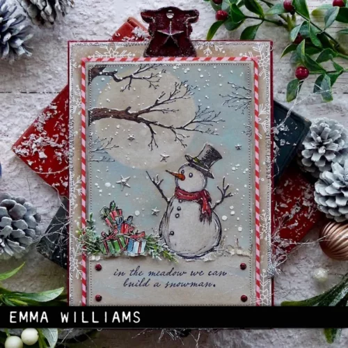 The image shows a craft project that was made using the Mr Frostie Tim Holtz Stamp Set.