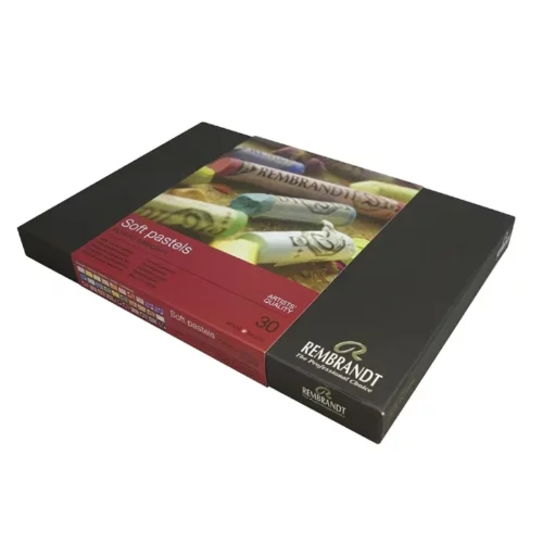 A single Set of 30 Rembrandt Royal Talens Soft Pastels is shown in it's packaging in the center of the frame. They are in a black rectangular box with a paper wrapper that is printed. There is a picture of the pastels on the wrapper as well as the brand name. On a white background.