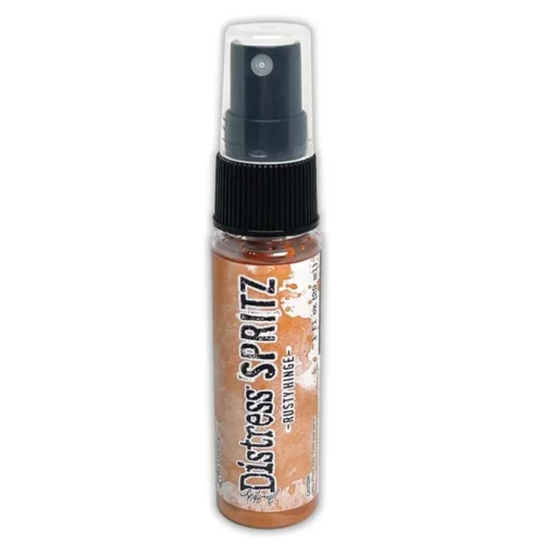 A single bottle of Rusty Hinge Tim Holtz Distress Spritz is shown standing vertically in the center of the frame. The bottle is a clear plastic with a black plastic spray top and a clear plastic lid. There is a coloured label around the body of the bottle that indicates the colour of the ink. The Distress Logo and product details are printed on the label. The image is center of the frame and on a white background.