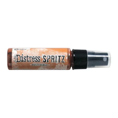 A single bottle of Rusty Hinge Tim Holtz Distress Spritz is shown laying horizontally in the center of the frame. The bottle is a clear plastic with a black plastic spray top and a clear plastic lid. There is a coloured label around the body of the bottle that indicates the colour of the ink. The Distress Logo and product details are printed on the label. The image is center of the frame and on a white background.