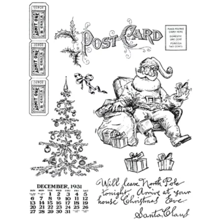 A print out of the front of the Santa Visit Tim Holtz Stamp Set is shown in the center of the frame on a white background. There are large numbers printed on the stamp set in black