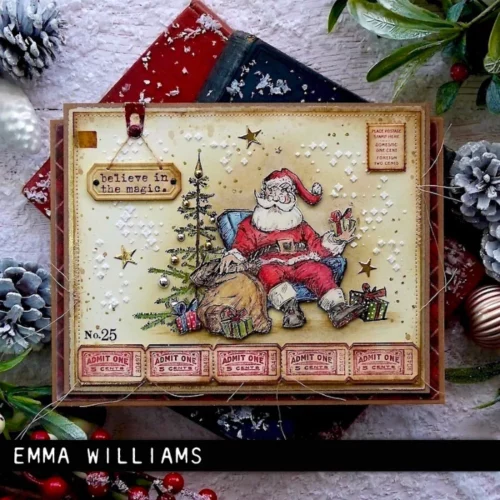 The image shows a craft project that was made using the Santa Visit Tim Holtz Stamp Set.