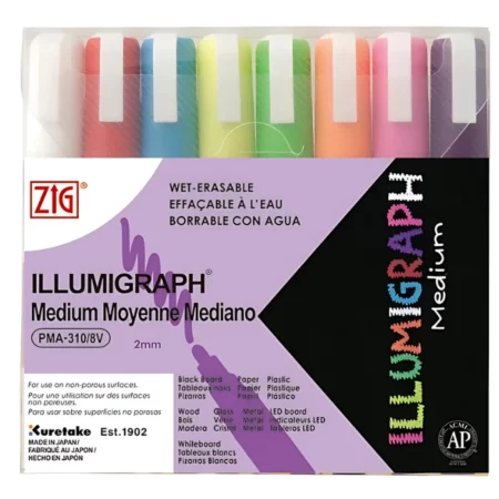 A Zig Posterman Illumigraph Paint Marker Medium Set of 8 is shown in the center of the frame. there are 8 markers in a clear plastic case. Each marker is a different colour. The colour of the cap denotes the colour of the marker. On a white background.