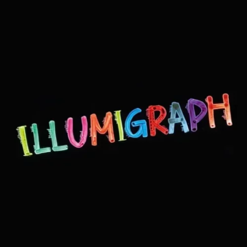 The word Illunigraph has been written on a black background, using the markers from the Zig Posterman Illumigraph Paint Marker Medium Set of 8.