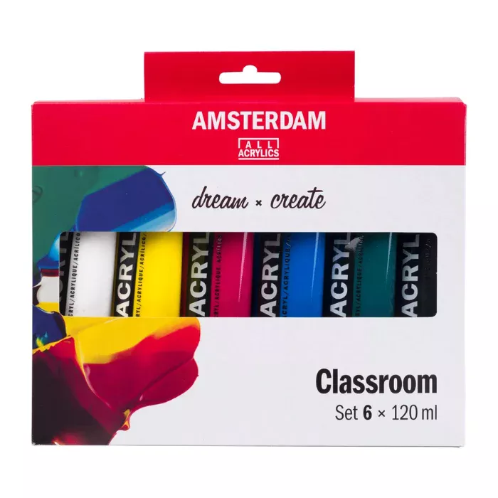 The loose tubes from the Classroom Amsterdam Acrylic Paint Set are shown standing next to each other