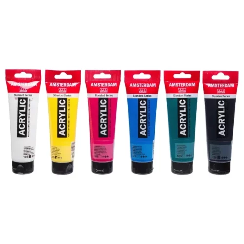 The loose tubes from the Classroom Amsterdam Acrylic Paint Set are shown standing next to each other, horizontally, across the center of the frame. The tubes are clear plastic, so you can see the colour of the paint inside. The Amsterdam logo is printed at the top of each tube. Each tube has a red tab at the top of the tube that has a hole so you can hang them. The tubes stand on their black plastic lids. The image is center of the frame and on a white background.