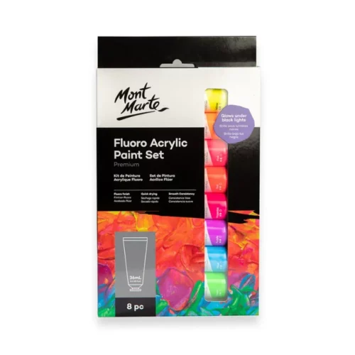 A single Fluoro Mont Marte Premium Acrylic Paint Set is shown, vertically in the center of the frame. the set is in it's box. the box is printed with a black top and some colour at the base of the box. There is a window in the box, so you can see part of the tubes, so as to show you the different colours available in the set. there are 8 different coloured tubes of fluorescent paint. The Mont Marte logo is printed at the top left hand corner of the box. On a white background.