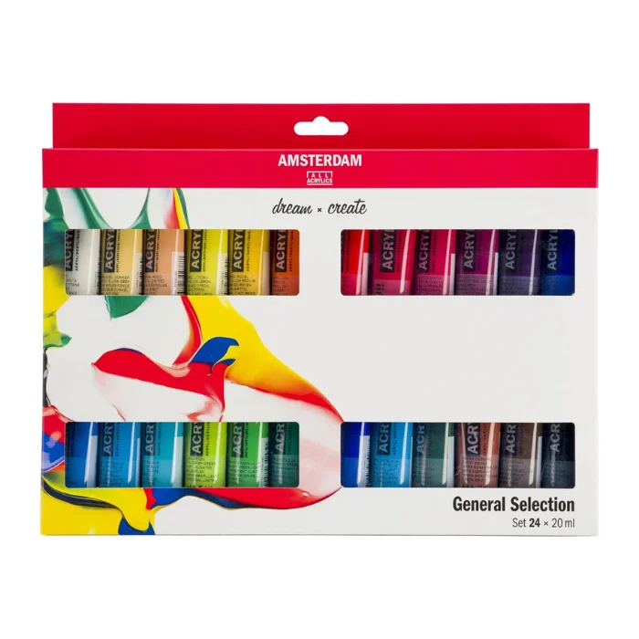 The loose tubes from the General Selection Amsterdam Acrylic Paint Set of 24 are shown horizontally