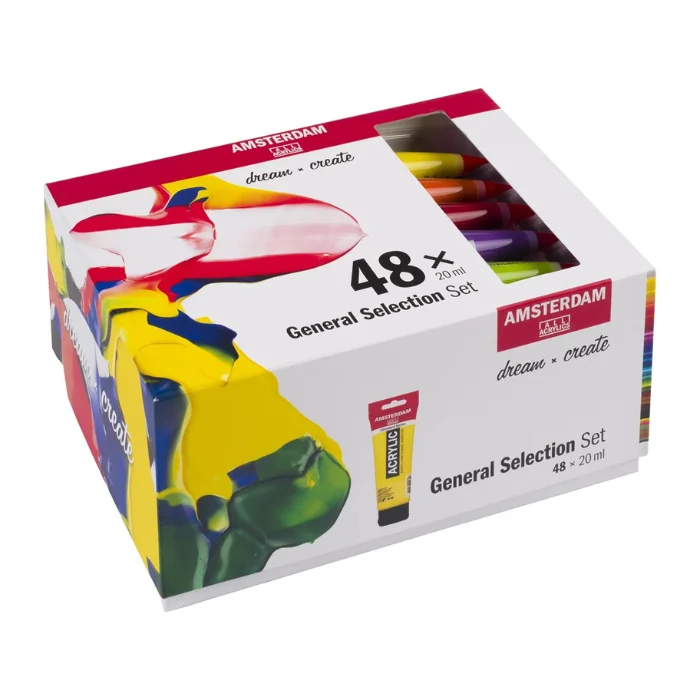 The loose tubes from the General Selection Amsterdam Acrylic Paint Set of 48 are shown horizontally