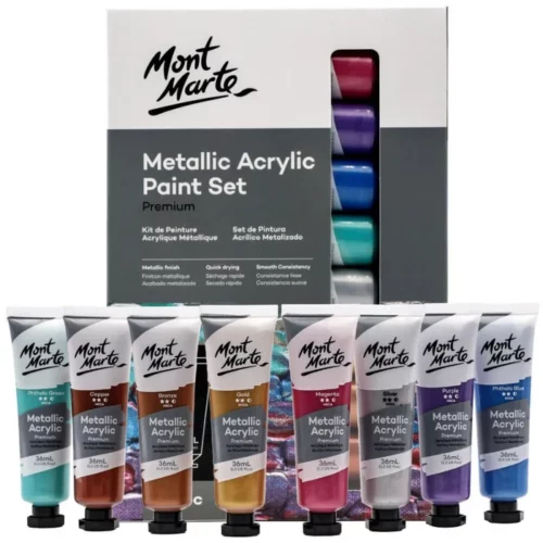 A Metallic Mont Marte Premium Acrylic Paint Set is shown in the frame. The box is shown at the back of the frame and there are 8 tubes from the set, shown in front of the box. Each tube is a clear plastic, so you can see the colour of the paint in each tube. The Mont Marte logo is printed at the top of each tube and they have black screw on caps. On a white background.