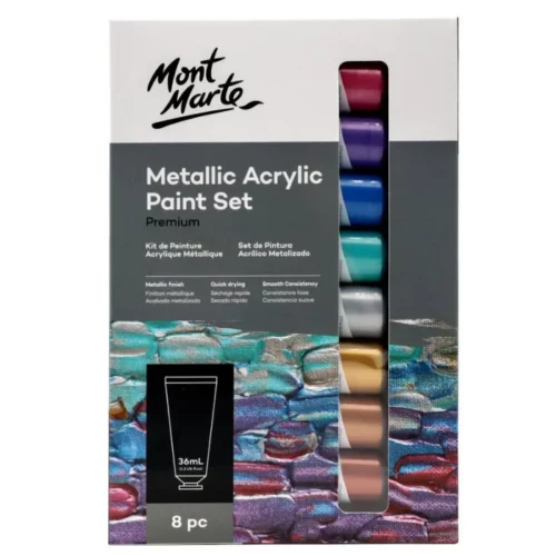 A single Metallic Mont Marte Premium Acrylic Paint Set is shown, vertically in the center of the frame. the set is in it's box. the box is printed with a black top and some colour at the base of the box. There is a window in the box, so you can see part of the tubes, so as to show you the different colours available in the set. there are 8 different coloured tubes of metallic paint. The Mont Marte logo is printed at the top left hand corner of the box. On a white background.