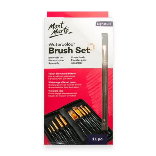 A single Mont Marte Acrylic Handle Watercolour Brush Set is shown vertically in the center of the frame. The box is white and red and has black text and a picture of the brushes on the cover. The Mont Marte logo is printed in the top left hand corner of the set. On a white background.