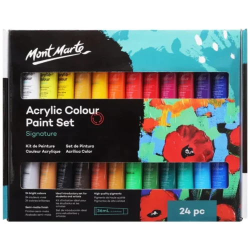 A Mont Marte Signature Acrylic Paint Set 24 Piece is shown in the center of the frame in it's box. The box is printed with black and blues. There is a window across the center of the box that allows you to see part of the tubes of paint inside the set. The tubes are clear, so you can see the colour of the paint inside each tube. The Mont Marte logo is printed in the top left hand corner of the set. On a white background.