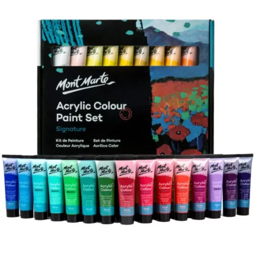 A Mont Marte Signature Acrylic Paint Set 36 Piece is shown in the frame. The box is shown at the back of the frame and there are 8 tubes from the set, shown in front of the box. Each tube is a clear plastic, so you can see the colour of the paint in each tube. The Mont Marte logo is printed at the top of each tube and they have black screw on caps. On a white background.