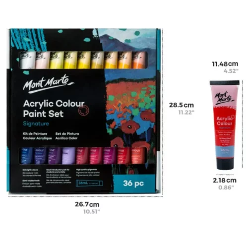 A Mont Marte Signature Acrylic Paint Set 36 Piece is shown in the center of the frame in it's box. The box is printed with black and blues. There is a window across the center of the box that allows you to see part of the tubes of paint inside the set. The tubes are clear, so you can see the colour of the paint inside each tube. The Mont Marte logo is printed in the top left hand corner of the set. On a white background.