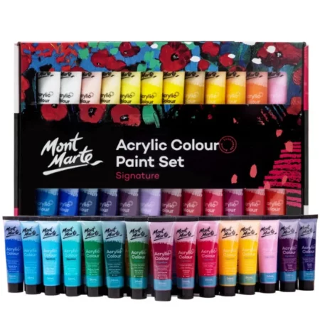 A Mont Marte Signature Acrylic Paint Set 48 Piece is shown in the frame. The box is shown at the back of the frame and there are 8 tubes from the set, shown in front of the box. Each tube is a clear plastic, so you can see the colour of the paint in each tube. The Mont Marte logo is printed at the top of each tube and they have black screw on caps. On a white background.