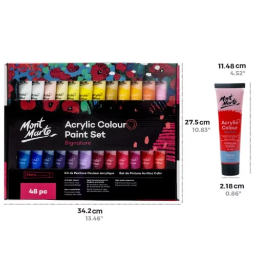 A Mont Marte Signature Acrylic Paint Set 48 Piece is shown in the center of the frame in it's box. The box is printed with black and blues. There is a window across the center of the box that allows you to see part of the tubes of paint inside the set. The tubes are clear, so you can see the colour of the paint inside each tube. The Mont Marte logo is printed in the top left hand corner of the set. On a white background.