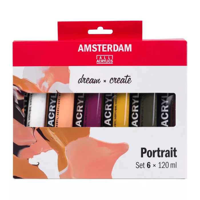 The loose tubes from the Portrait Amsterdam Acrylic Paint Set are shown standing next to each other