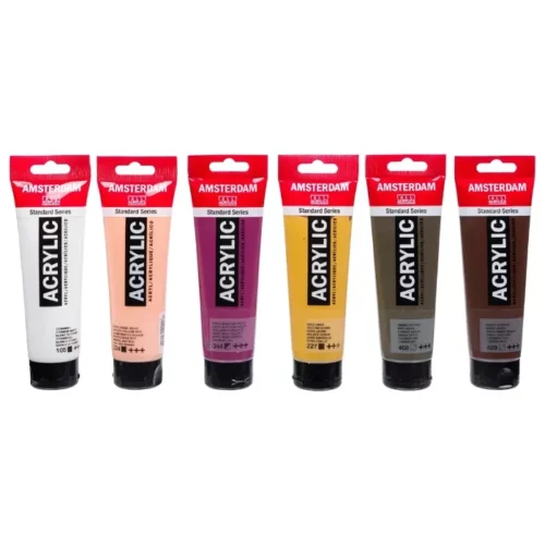 The loose tubes from the Portrait Amsterdam Acrylic Paint Set are shown standing next to each other, horizontally, across the center of the frame. The tubes are clear plastic, so you can see the colour of the paint inside. The Amsterdam logo is printed at the top of each tube. Each tube has a red tab at the top of the tube that has a hole so you can hang them. The tubes stand on their black plastic lids. The image is center of the frame and on a white background.