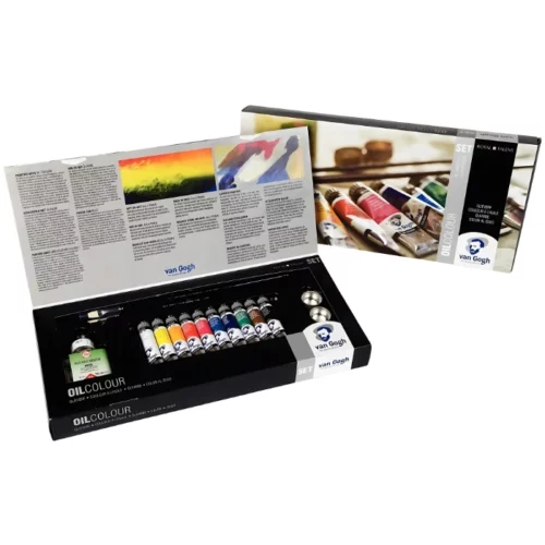 A single Van Gogh Oil Colour Box Set Combi is shown in the center of the frame at a slight angle. The set is open and the box cover is shown to the right, behind the open set. There are 10 tubes of different coloured paint in the set as well as a medium and some brushes. On a white background.